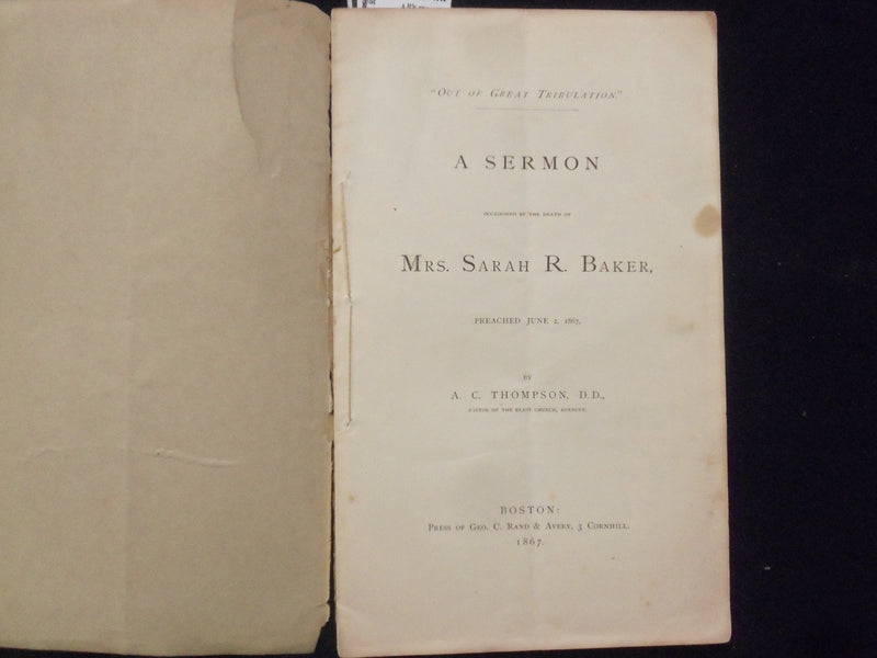 1867 MRS. SARAH R. BAKER FUNERAL SERMON SOFTCOVER BOOKLET - ROXBURY - K 222