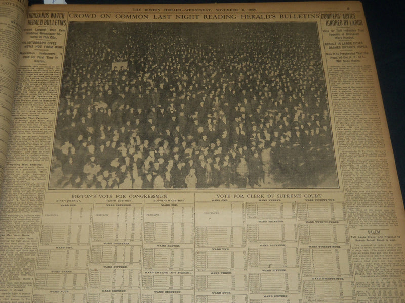 1908 NOV 4 THE BOSTON HERALD - JUDGE TAFT WINS WITH 319 VOTES - BH 241