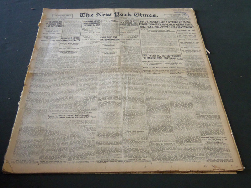 1922 APRIL 27 NEW YORK TIMES - CREATOR OF NICK CARTER KILLS HIMSELF - NT 5767