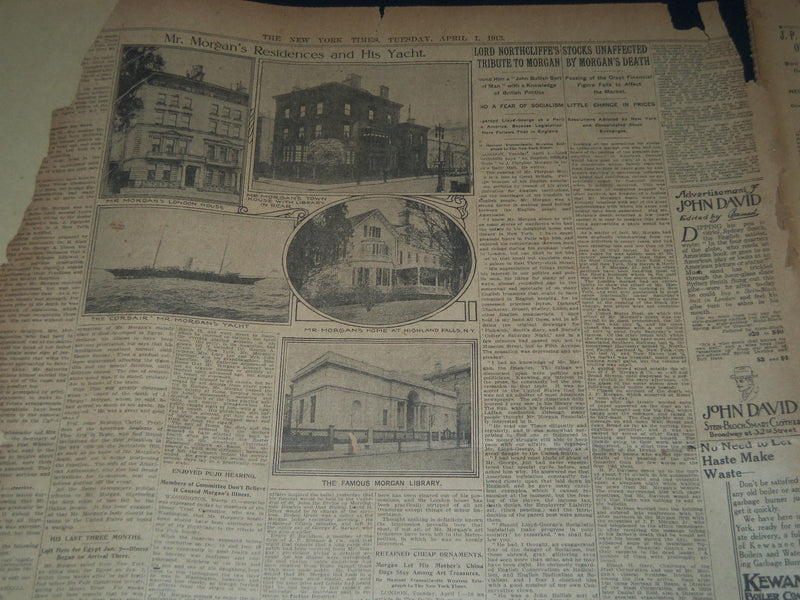 1913 APRIL 1 NEW YORK TIMES NEWSPAPER - J. PIERPONT MORGAN DEAD - NT 7616