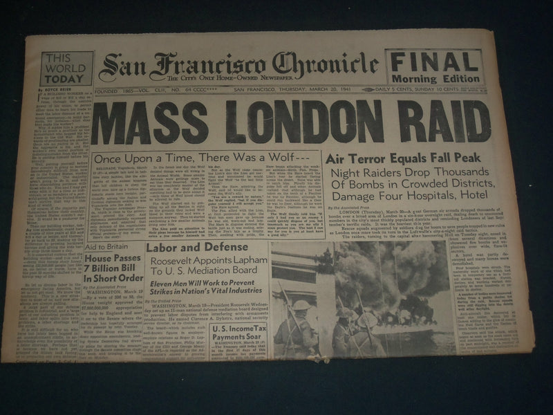 1941 MARCH 20 SAN FRANCISCO CHRONICLE - MASS LONDON RAID - SUPERMAN - NP 3631