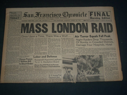 1941 MARCH 20 SAN FRANCISCO CHRONICLE - MASS LONDON RAID - SUPERMAN - NP 3631