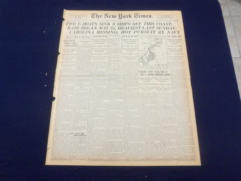1918 JUNE 4 NEW YORK TIMES - TWO U-BOATS SINK 9 SHIPS OFF COAST - NT 9077