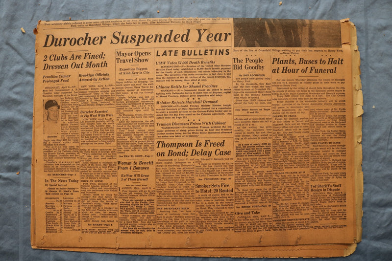 1947 APRIL 9 THE DETROIT NEWS NEWSPAPER-ALL MICHIGAN HENRY FORD TRIBUTE -NP 9218