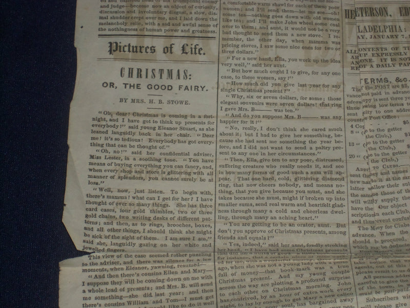 1854 JAN 7 THE SATURDAY EVENING POST NEWSPAPER -CHRISTMAS BY H.B. STOWE- NP 5060