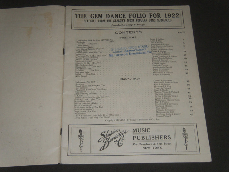 1922 THE GEM DANCE FOLIO SONG BOOK - BROADWAY'S MUSICAL COMEDY - J 2420