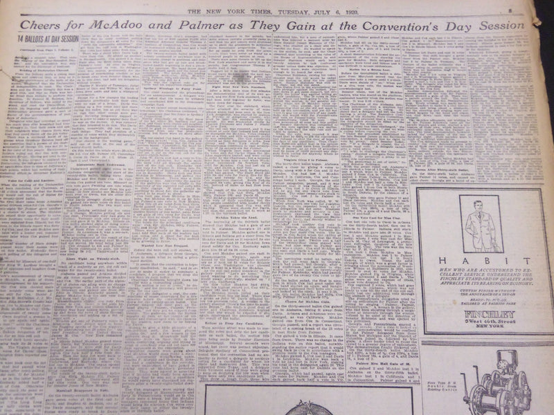 1920 JULY 6 NEW YORK TIMES - MCADOO 405 1/2, COX 383 1/2 PALMER 211 - NT 5326