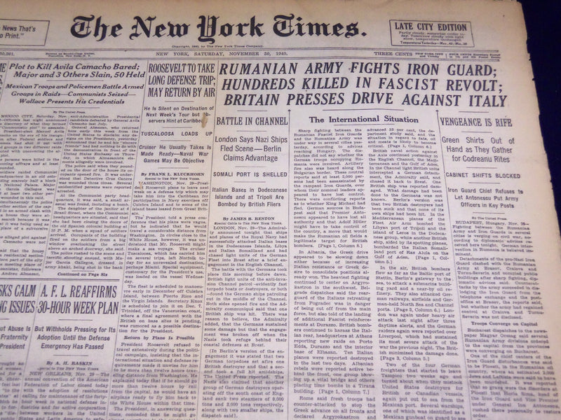 1940 NOVEMBER 30 NEW YORK TIMES - RUMANIAN ARMY FIGHTS IRON GUARD - NT 2494