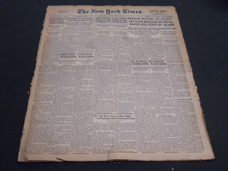 1939 APRIL 4 NEW YORK TIMES - KIND GHAZI OF IRAQ KILLED IN AUTO - NT 6844
