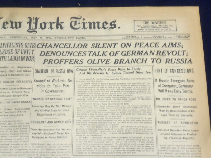 1917 MAY 16 NEW YORK TIMES - CHANCELLOR SILENT ON PEACE AIMS - NT 9157
