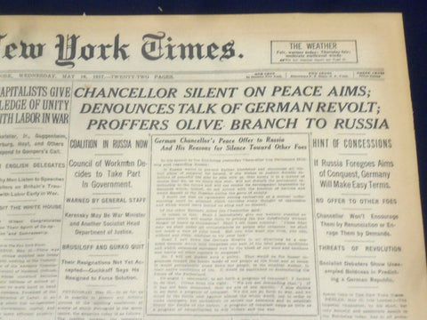 1917 MAY 16 NEW YORK TIMES - CHANCELLOR SILENT ON PEACE AIMS - NT 9157