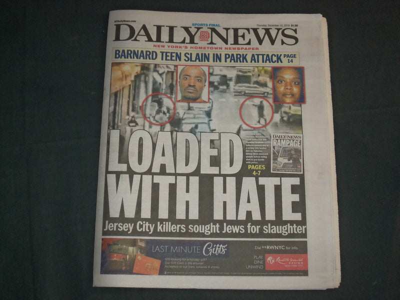 2019 DECEMBER 12 NEW YORK DAILY NEWS NEWSPAPER- JERSEY CITY KILLERS ANTI-SEMITIC