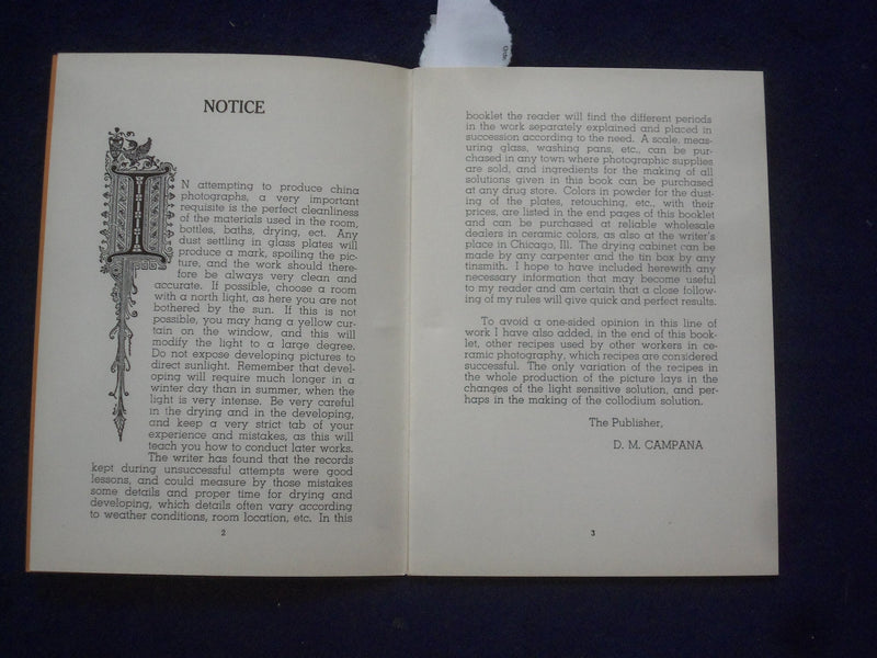 1950 RECIPES FOR CERAMIC PHOTOGRAPHY BY D.M. CAPANA SOFTCOVER BOOK - J 9612