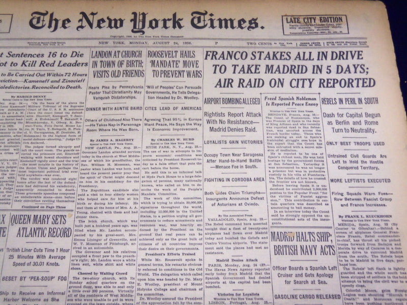 1936 AUGUST 24 NEW YORK TIMES - FRANCO STAKES ALL DRIVE TO TAKE MADRID - NT 2069