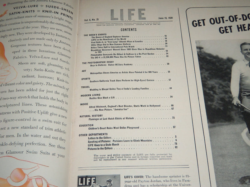 1939 JUNE 19 LIFE MAGAZINE - USC SPRINTER PAYTON JORDAN COVER - L 135