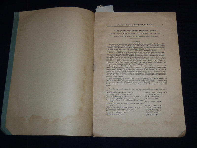 1928 A LIST OF NEW BRUNSWICK BIRDS BY WM. J. MOORE - FREDERICTON SCIENCE- J 8980