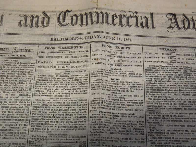 1867 JUNE 14 AMERICAN AND COMMERCIAL ADVERTISER NEWSPAPER - COLLYER - NP 4252F