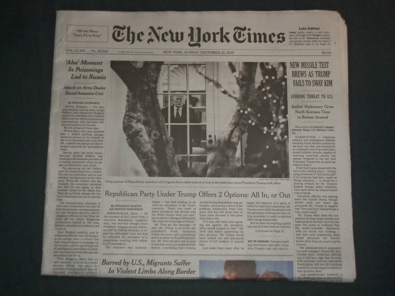 2019 DEC 22 NEW YORK TIMES - NEW MISSILE TEST BREWS AS TRUMP FAILS TO SWAY KIM