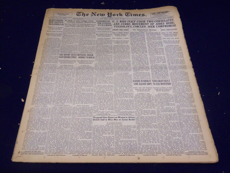 1941 MARCH 7 NEW YORK TIMES - U. S. BIDS ITALY CLOSE TWO CONSULATES - NT 1092