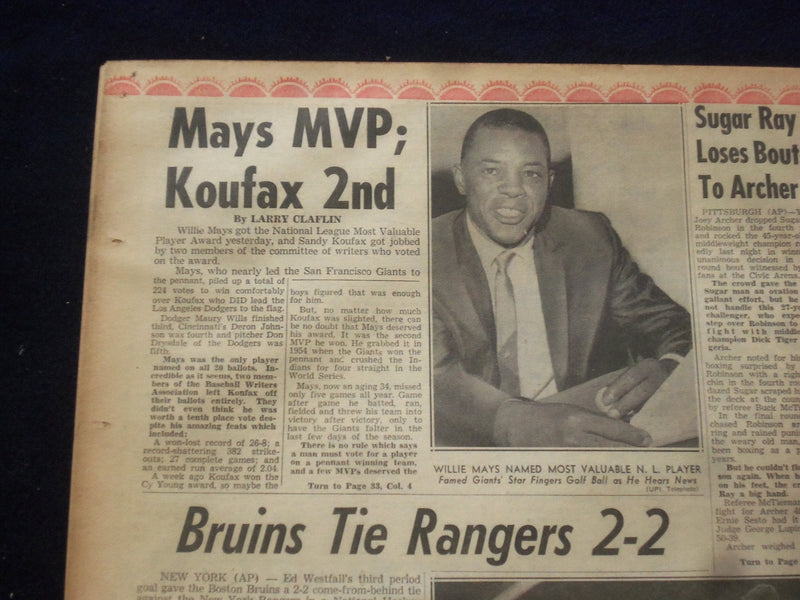 1965 NOV 11 BOSTON RECORD AMERICAN NEWSPAPER - WILLIE MAYS NAMED MVP - NP 6311