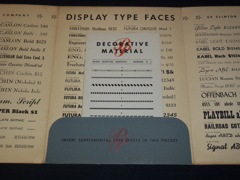 1940'S BAKER PRINTING COMPANY CATALOG- TYPE FACES - NEWARK NEW JERSEY - K 2091