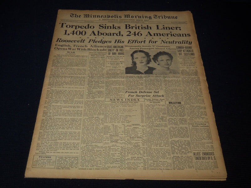 1939 SEPT 4 MINNEAPOLIS MORNING TRIBUNE - TORPEDO SINKS BRITISH LINER - NT 9520