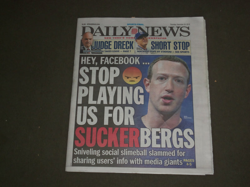 2018 DECEMBER 20 NEW YORK DAILY NEWS - MARK ZUCKERBERG - FACEBOOK SHARING INFO