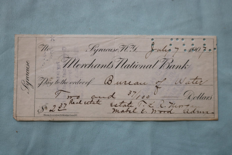 1907 SYRACUSE NEW YORK BUREAY OF WATER BILL AND CHECK - K 2528
