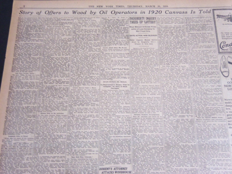 1924 MARCH 20 NEW YORK TIMES - COMMITTEE CALLS WILL HAYS TO TESTIFY - NT 6824