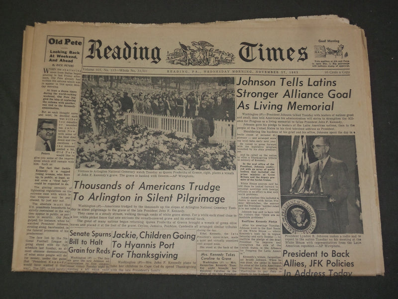 1963 NOVEMBER 27 READING TIMES NEWSPAPER - JFK ARLINGTON PILGRIMAGE - NP 3319