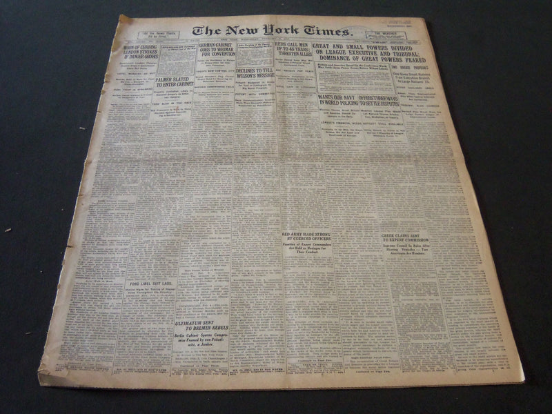 1919 FEBRUARY 5 NEW YORK TIMES - DOMINANCE OF GREAT POWERS FEARED - NT 6197