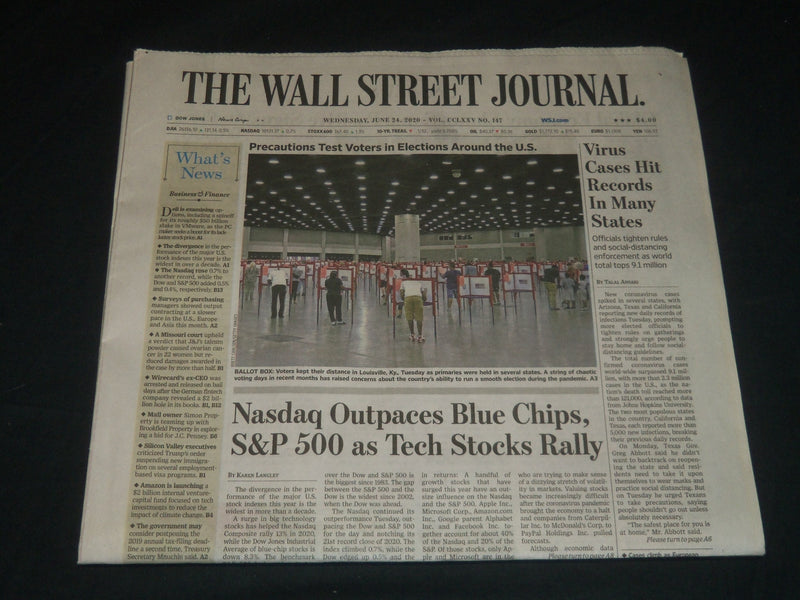2020 JUNE 24 THE WALL STREET JOURNAL NEWSPAPER - NASDAQ OUTPACES BLUE CHIPS