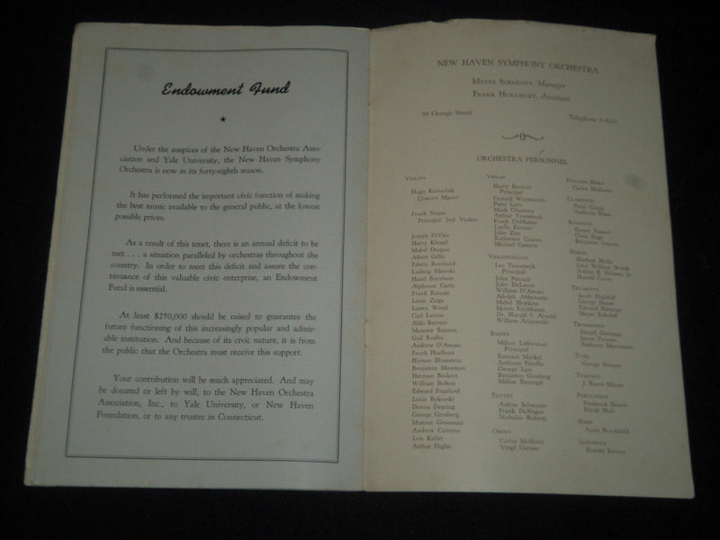 1941-1942 NEW HAVEN SYMPHONY ORCHESTRA FIRST CONCERT PROGRAM - J 5465