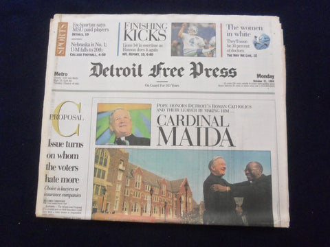 1994 OCT 31 DETROIT FREE PRESS NEWSPAPER - POPE HONORS CARDINAL MAIDA - NP 7251