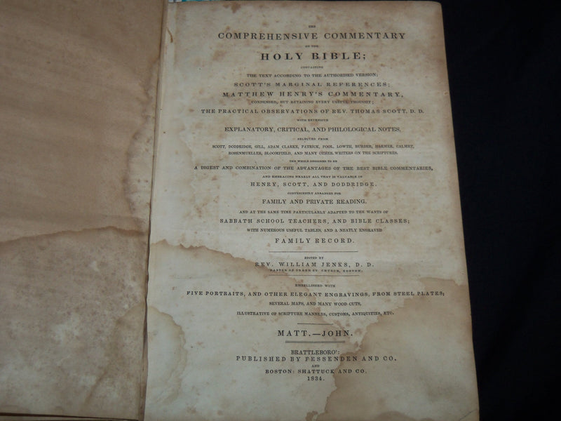 1834 THE COMPREHENSIVE COMMENTARY ON THE HOLY BIBLE - WILLIAM JENKS - KD 4436B
