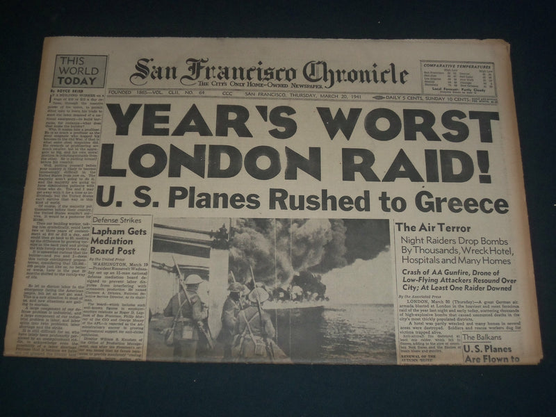 1941 MARCH 20 SAN FRANCISCO CHRONICLE - YEAR'S WORST RAID - SUPERMAN - NP 3632