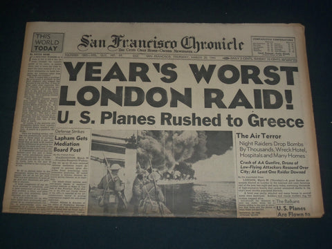 1941 MARCH 20 SAN FRANCISCO CHRONICLE - YEAR'S WORST RAID - SUPERMAN - NP 3632