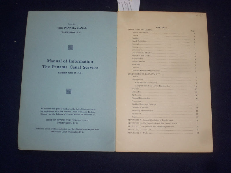 1940 THE PANAMA CANAL - A MANUAL OF INFORMATION CONCERNING EMPLOYMENT - J 9498