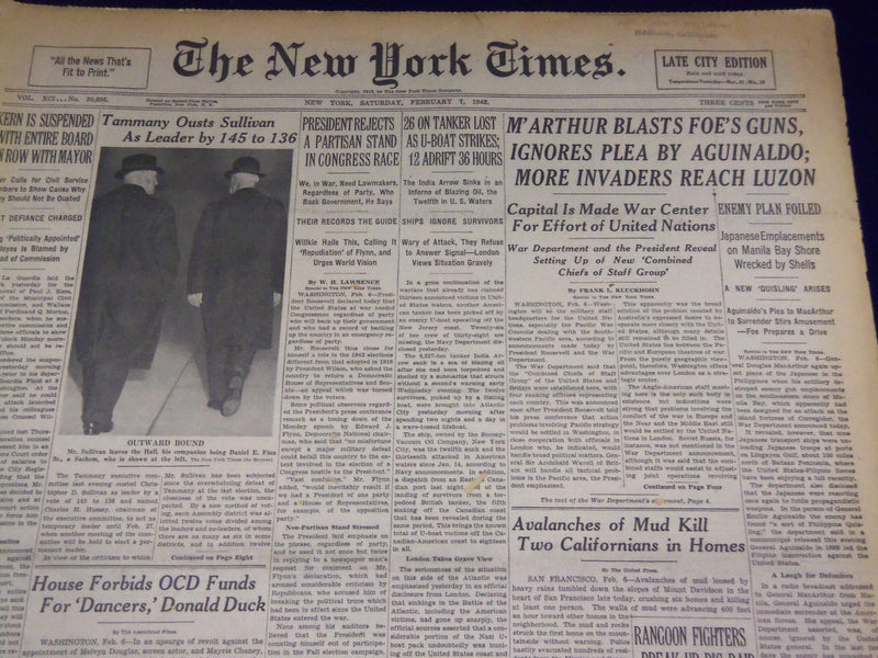 1942 FEBRUARY 7 NEW YORK TIMES - M'ARTHUR BLASTS FOES GUNS - NT 1594