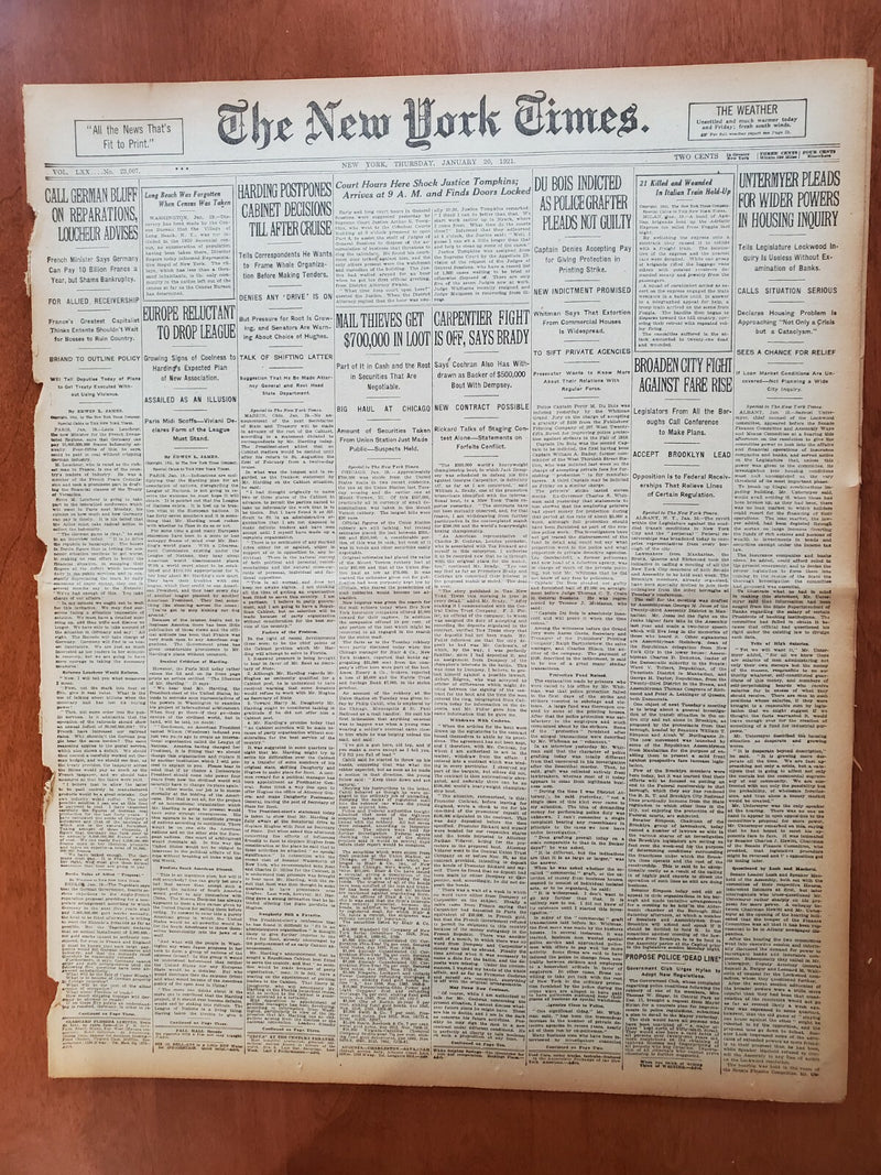 1921 JANUARY 20 NEW YORK TIMES NEWSPAPER - CARPENTER FIGHT IS OFF - NT 8107