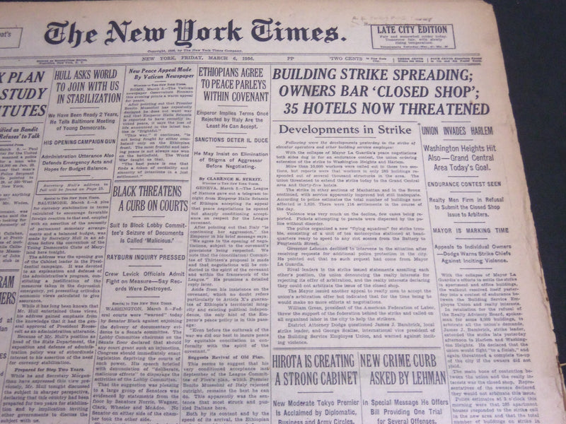1936 MARCH 6 NEW YORK TIMES - BUILDING STRIKE SPREADING 35 HOTELS - NT 6882
