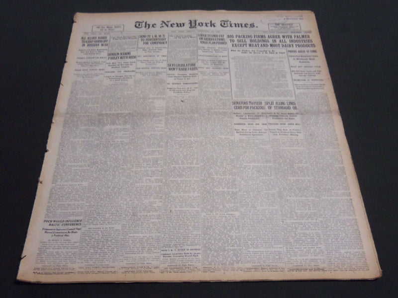 1919 DEC 19 NEW YORK TIMES - PACKING FIRMS TO SELL HOLDINGS EXCEPT MEAT- NT 7013