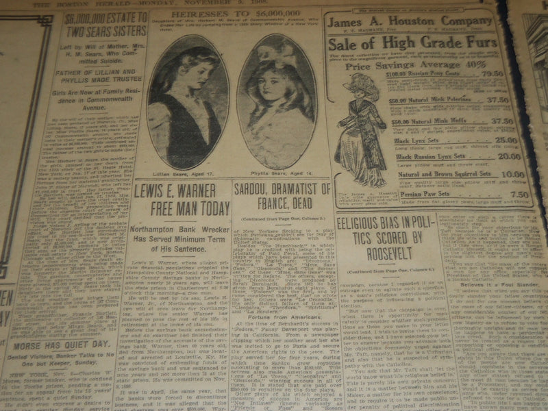 1908 NOVEMBER 9 THE BOSTON HERALD - SARDOU DRAMATIST OF FRANCE DEAD - BH 246
