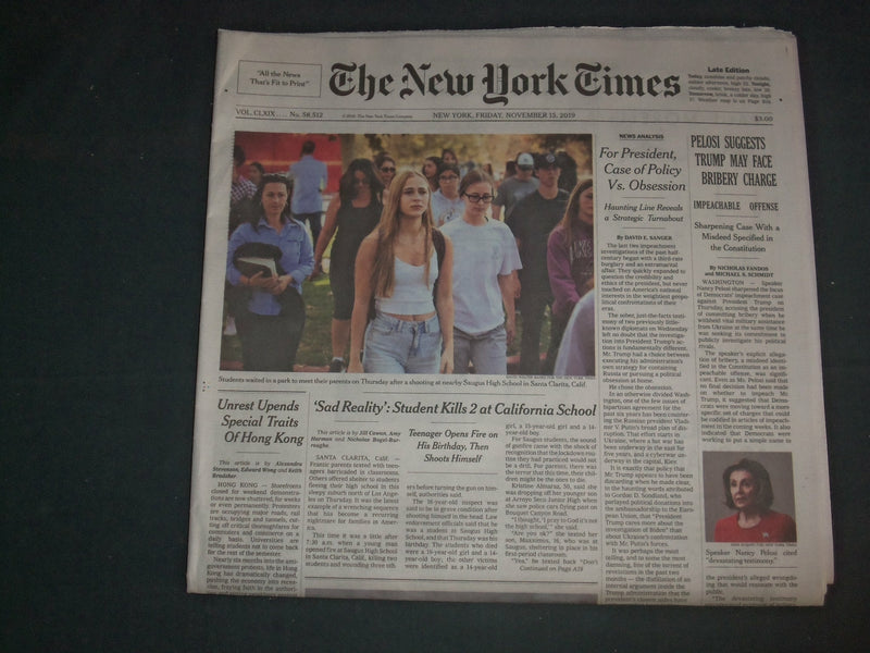 2019 NOVEMBER 15 NEW YORK TIMES - 2 KILLED AT SAUGUS HIGH SCHOOL SHOOTING