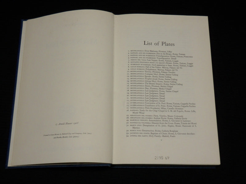 1965 MANNERISM HARDCOVER BOOK BY ARNOLD HAUSER - VOLUME 2 - PLATES - KD 7311
