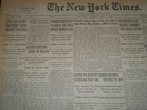 1932 APRIL 7 NEW YORK TIMES NEWSPAPER - CURTIS TOLD BABY WAS WELL - NT 7450