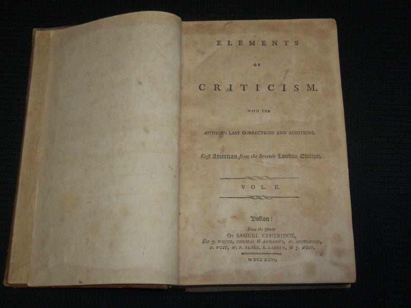 1796 ELEMENTS OF CRITICISM HARDCOVER VOLUME II - FIRST AMERICAN EDITION- KD 7486
