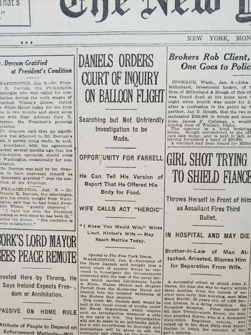 1921 JANUARY 10 NEW YORK TIMES-DANIELS ORDERS INQUIRY OF BALLOON FLIGHT- NT 8089