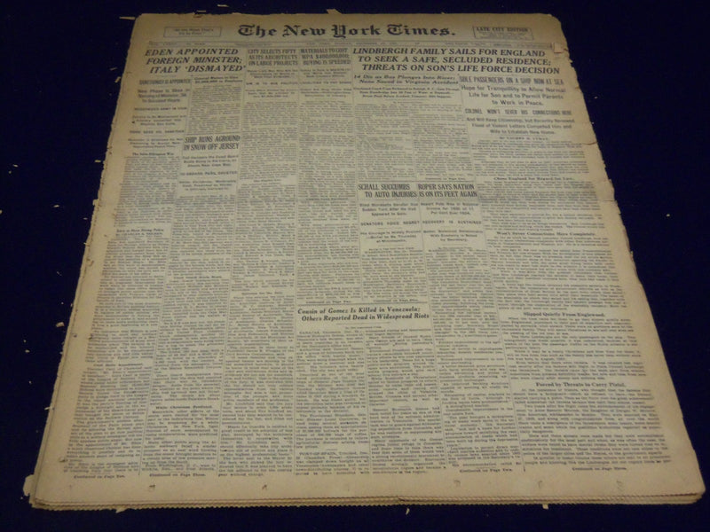 1935 DECEMBER 23 NEW YORK TIMES - LINDBERGH FAMILY SAILS FOR ENGLAND- NT 1984