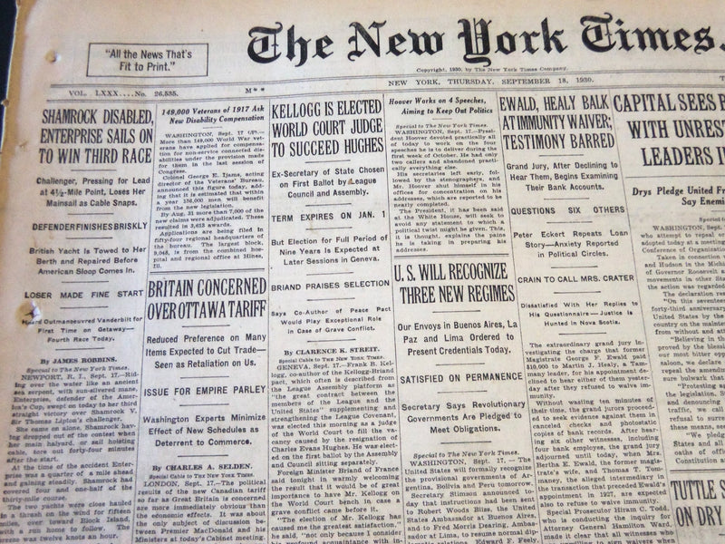1930 SEPT 18 NEW YORK TIMES SHAMROCK DISABLED ENTERPRISE WINS 3RD RACE - NT 5741
